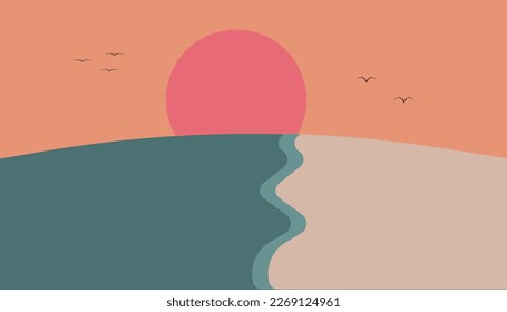 Diseño profesional de la orilla del mar al atardecer y aves voladoras