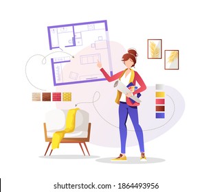 Professional designer with apartment plan, furniture and interior elements. Home furnishing, interior design studio concept. Vector illustration for banner, presentation, advertising, poster.