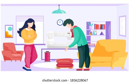 A professional designer explains to a seamstress the principles of using fabric. Man points to a stack of textiles on the floor. The girl is trained in sewing clothes. Atelier for tailoring to order