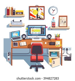 Professional designer working desk with opened site project Big table with laptop computer and big display accompanied by drawing pen tablet. Flat style color modern vector illustration.