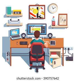 Professional designer working on a site project at his big desk with laptop computer and big display accompanied by   Flat style color modern vector illustration.