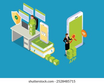 Professional designers work on user experience and mobile app development showcasing design elements with a smartphone 3d isometric vector illustration