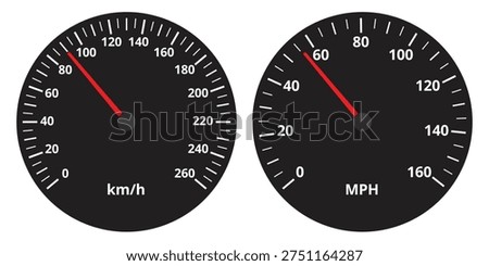 Professional Detailed Car Speedometer Vector Set. 260 kmh and 160 MPH Analog Gauges, Black Dashboard Dials with Red Needles. Isolated on white background