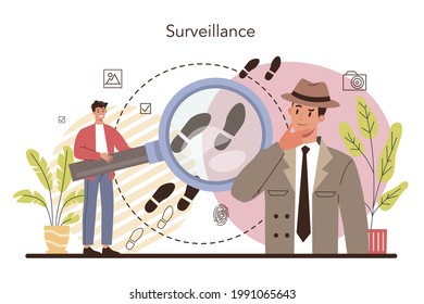 Professional detective concept. Agency investigating a crime place and looking for clues. Person solving crime by talking to witness and collecting physical evidence. Vector illustration