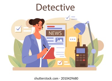 Professional detective concept. Agency investigating a crime place and looking for clues. Person solving crime by talking to witness and collecting physical evidence. Vector illustration