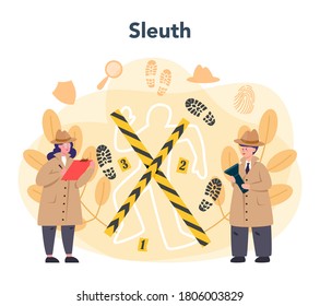 Professional detective concept. Agent investigating a crime place and looking for clues. Person solving crime by talking to witness and collecting physical evidence. Isolated flat vector illustration