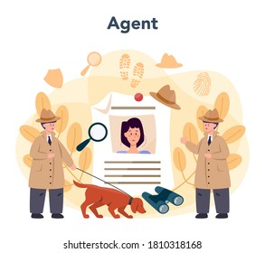 Professional detective concept. Agent investigating a crime place and looking for clues. Person solving crime by talking to witness and collecting physical evidence. Isolated flat vector illustration