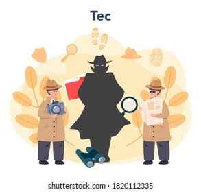 Professional detective concept. Agent investigating a crime place and looking for clues. Person solving crime by talking to witness and collecting physical evidence. Isolated flat vector illustration