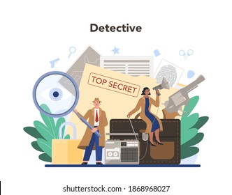 Professional detective concept. Agent investigating a crime place and looking for clues. Person solving crime by talking to witness and collecting physical evidence. Vector illustration