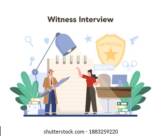 Professional detective concept. Agent investigating a crime place and looking for clues. Person solving crime by talking to witness and collecting physical evidence. Vector illustration