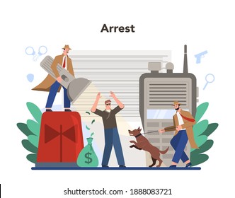 Professional detective concept. Agent investigating a crime place and looking for clues. Person solving crime by talking to witness and collecting physical evidence. Vector illustration