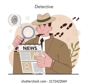 Professional detective concept. Agent investigating a crime place and looking for clues. Person solving crime by talking to witness and collecting physical evidence. Vector illustration