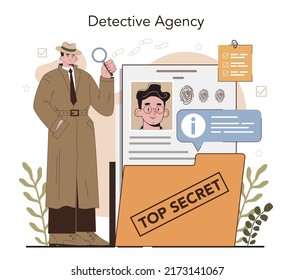 Concepto de detective profesional. Agente investigando un lugar donde se cometió un delito y buscando pistas. La persona que resuelve el delito hablando con el testigo y reuniendo evidencia física. Ilustración del vector