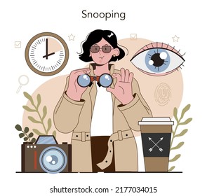 Professional detective concept. Agent investigating a crime place and looking for clues. Person solving crime by talking to witness and collecting physical evidence. Vector illustration