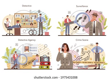 Professional detective concept set. Agency investigating a crime place and looking for clues. Person solving crime by talking to witness and collecting physical evidence. Vector illustration