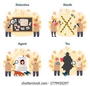 Professional detective concept set. Agent investigating a crime place and looking for clues. Person solving crime by talking to witness and collecting physical evidence. Vector illustration
