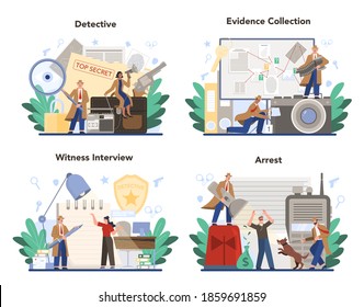 Professional detective concept set. Agent investigating a crime place and looking for clues. Person solving crime by talking to witness and collecting physical evidence. Vector illustration