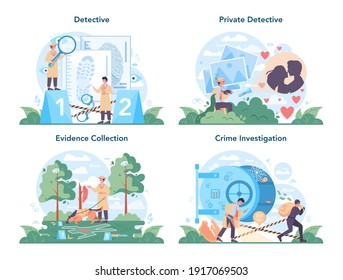 Professional detective concept set. Agent investigating a crime place and looking for clues. Person solving crime by talking to witness and collecting physical evidence. Vector illustration