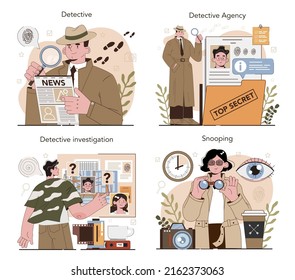 Professional detective concept set. Agent investigating a crime place and looking for clues. Person solving crime by talking to witness and collecting physical evidence. Vector illustration