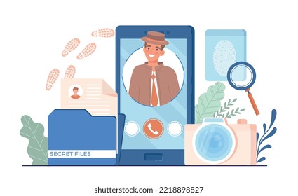 Professional detective concept. Specialist examines evidence and catch criminal. Logic activity and pursuit, policemen. Poster or banner for site. Modern technologies. Cartoon flat vector illustration