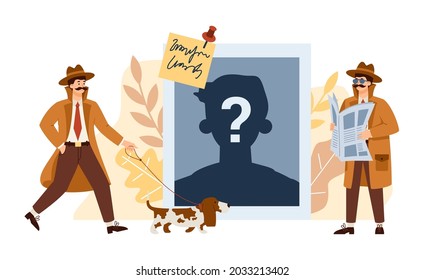 Professional detective or investigator characters research clues crimes and search criminals or missing people. Flat cartoon vector illustration isolated on white.