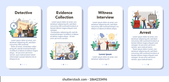 Juego de banners de aplicación móvil de detectives profesionales. Agente investigando un lugar donde se cometió un delito y buscando pistas. La persona que resuelve el crimen hablando con el testigo y reuniendo evidencia. Ilustración del vector