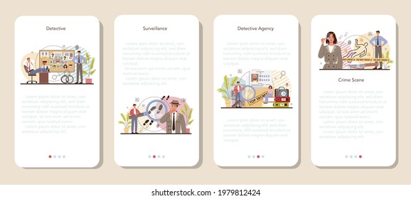Professional detective mobile application banner set. Agency investigating a crime place and looking for clues. Person solving crime by collecting physical evidence. Vector flat illustration