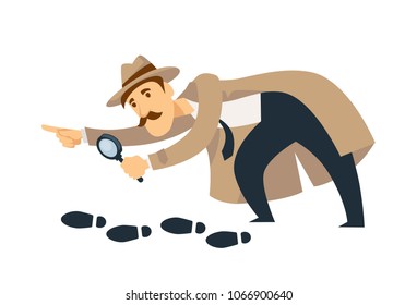 Professional detective with mustaches and magnifier follows footprints