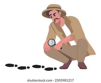 Professional detective with mustaches and magnifying glass follows footprints, vector illustration.