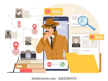 Professional detective online service or mobile app flat vector illustration. Agent investigating evidence information looking for clues. Inspector on smartphone screen searching murder