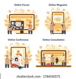 Professional detective online service or platform set. Agent investigating a crime place and looking for clues. Online forum, magazine, conference, consultation. Vector illustration