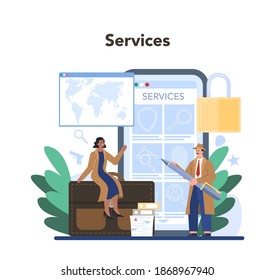 Professional detective online service or platform. Agent investigating a crime place and looking for clues. Vector illustration