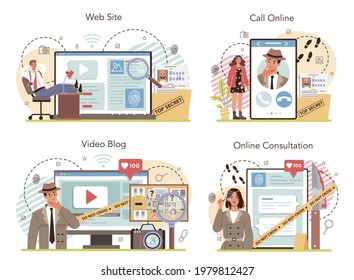 Professional detective online service or platform set. Agency worker looking for clues. Person solving a crime. Online consultation, call, video blog, website. Vector flat illustration