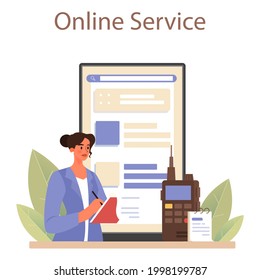 Professional detective online service or platform. Agency investigating a crime place and looking for clues. Person solving crime by collecting physical evidence. Vector flat illustration