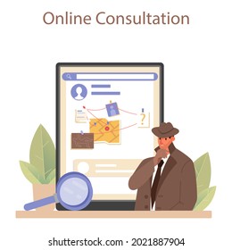 Professional detective online service or platform. Agency investigating a crime place and looking for clues. Person solving crime by collecting evidence. Online consultation. Vector flat illustration
