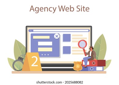 Professional detective online service or platform. Agency investigating a crime place and looking for clues. Person solving crime by collecting evidence. Agency website. Vector flat illustration