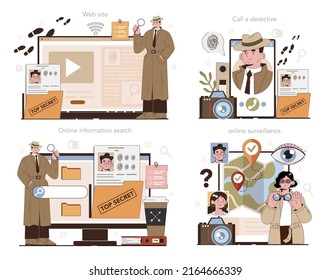 Professional detective online service or platform set. Agent investigating a crime place and looking for clues. Online information searching, surveillance, call, website. Vector illustration