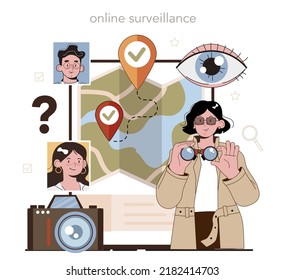 Professional detective online service or platform. Agent investigating a crime place and looking for clues. Online surveillance. Vector illustration