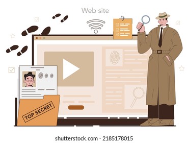 Professional detective online service or platform. Agent investigating a crime place and looking for clues. Website. Vector illustration