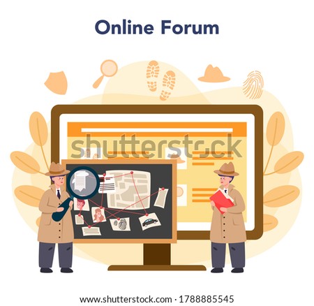 Professional detective online service or platform. Agent investigating a crime place and looking for clues. Online forum. Vector illustration