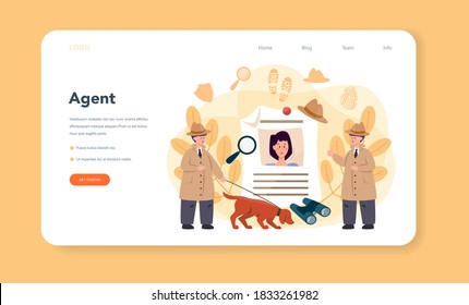 Professional detective web banner or landing page. Agent investigating a crime place. Person solving crime by talking to witness and collecting physical evidence. Vector illustration