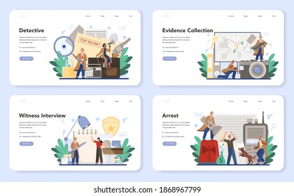 Professional detective web banner or landing page set. Agent investigating a crime place and looking for clues. Person solving crime by talking to witness and collecting evidence. Vector illustration