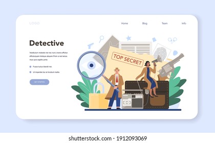 Professional detective web banner or landing page. Agent investigating a crime place and looking for clues. Person solving crime by talking to witness and collecting evidence. Vector illustration