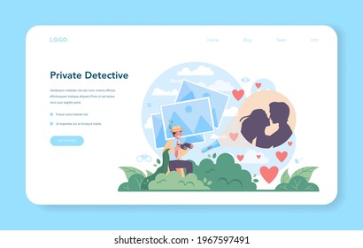 Professional detective web banner or landing page. Agent investigating