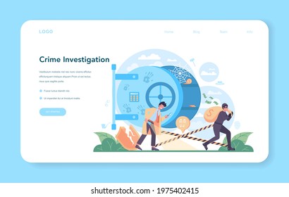Professional detective web banner or landing page. Agent investigating a crime place and looking for clues. Person solving crime by talking to witness and collecting evidence. Vector illustration