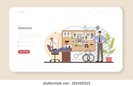 Professional detective web banner or landing page. Agency investigating a crime place and looking for clues. Person solving crime by collecting physical evidence. Vector flat illustration