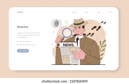 Professional detective web banner or landing page set. Agent investigating a crime place and looking for clues. Person solving crime by talking to witness and collecting evidence. Vector illustration