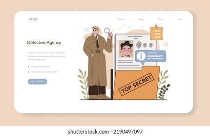 Professional detective web banner or landing page set. Agent investigating a crime place and looking for clues. Person solving crime by talking to witness and collecting evidence. Vector