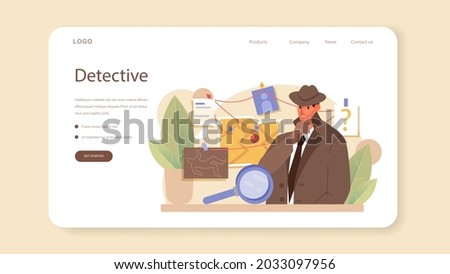 Professional detective web banner or landing page. Agency investigating a crime place and looking for clues. Person solving crime by collecting physical evidence. Vector flat illustration