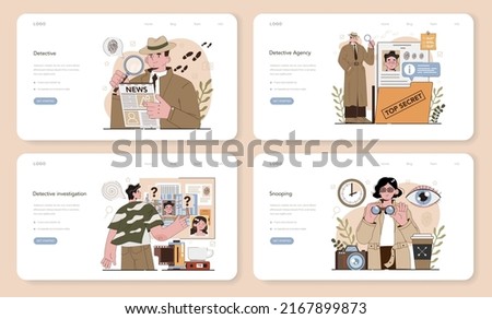 Professional detective web banner or landing page set. Agent investigating a crime place and looking for clues. Person solving crime by talking to witness and collecting evidence. Vector illustration